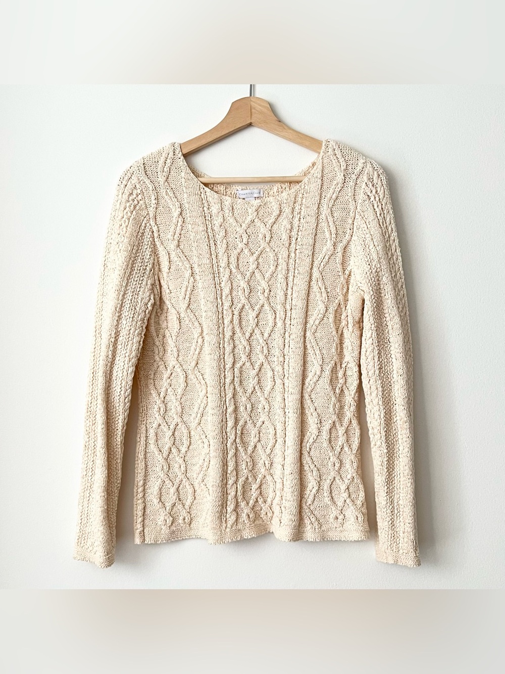 Charter Club Women's Cable Knit Sweater Ivory Size L Ribbon Weave Cotton Blend